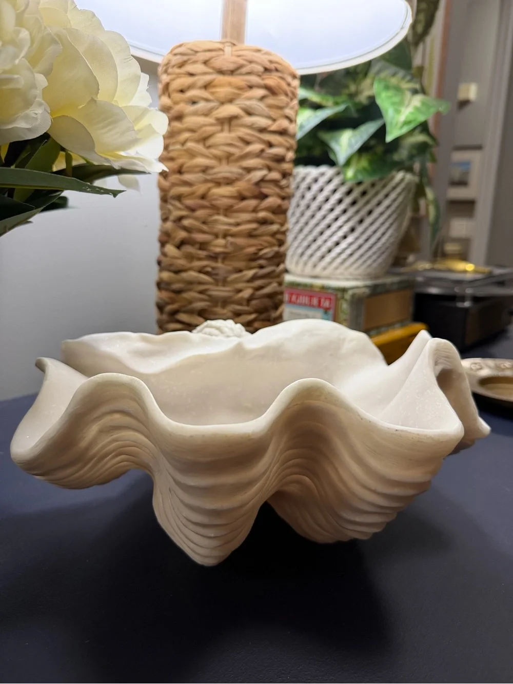 Sculptural White Giant Clam Shell Decorative Bowl Coastal Decor